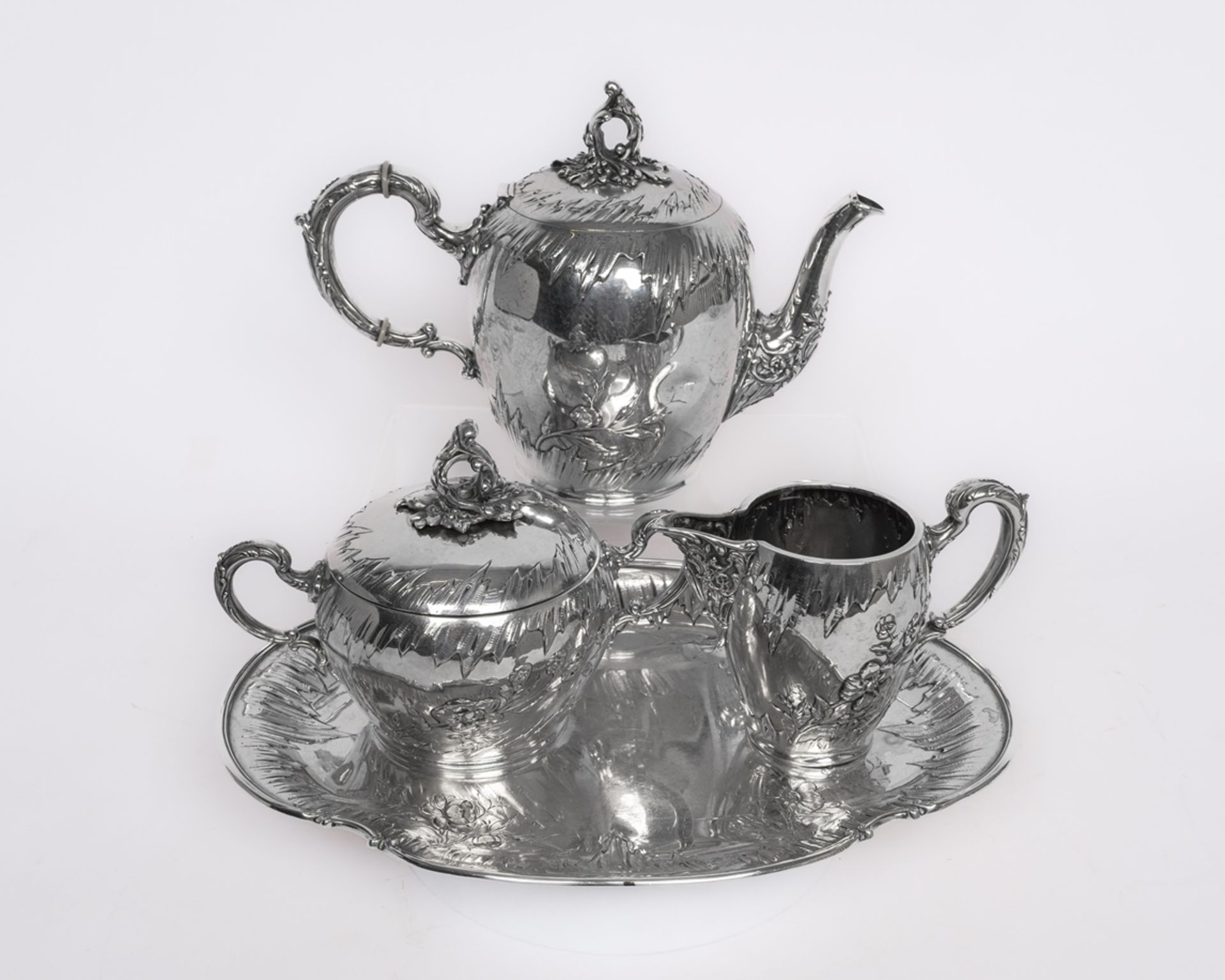 Teekanne, Sahnegießer, Zuckerdose, Tablett, Silber 800, Wilkens, teils innen vergoldet, gelappt und
