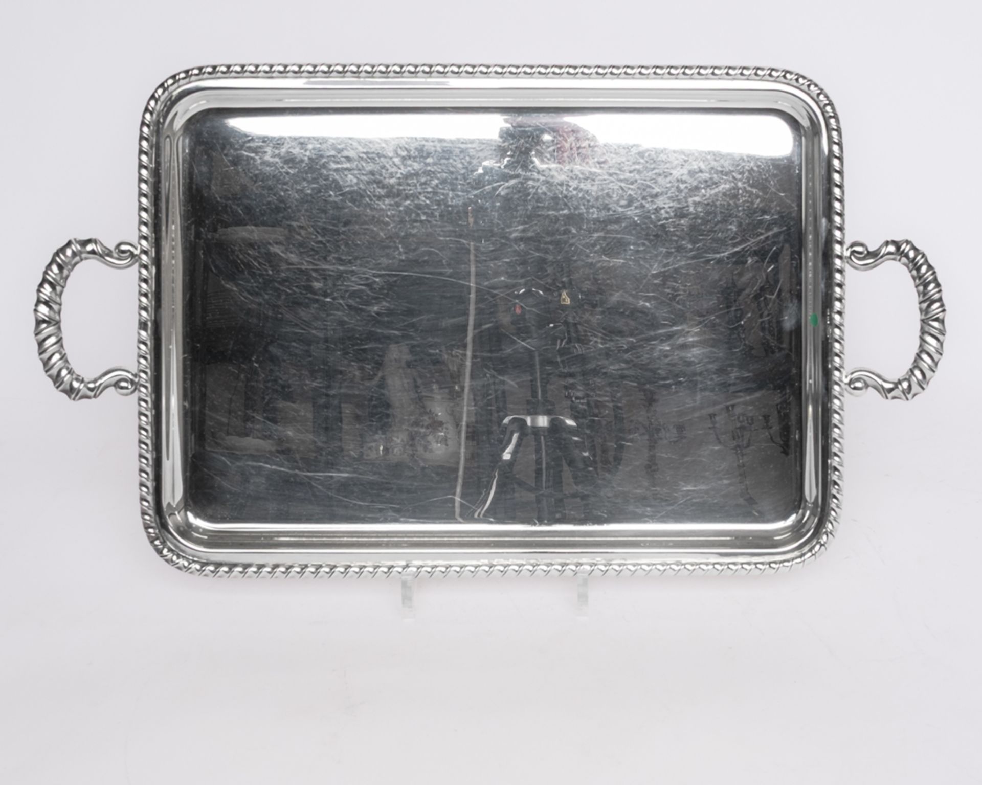 Tablett, Silber 800, Italien, Greggio, rechteckig, glatter Spiegel, Rand und beide Handhaben mit Ko