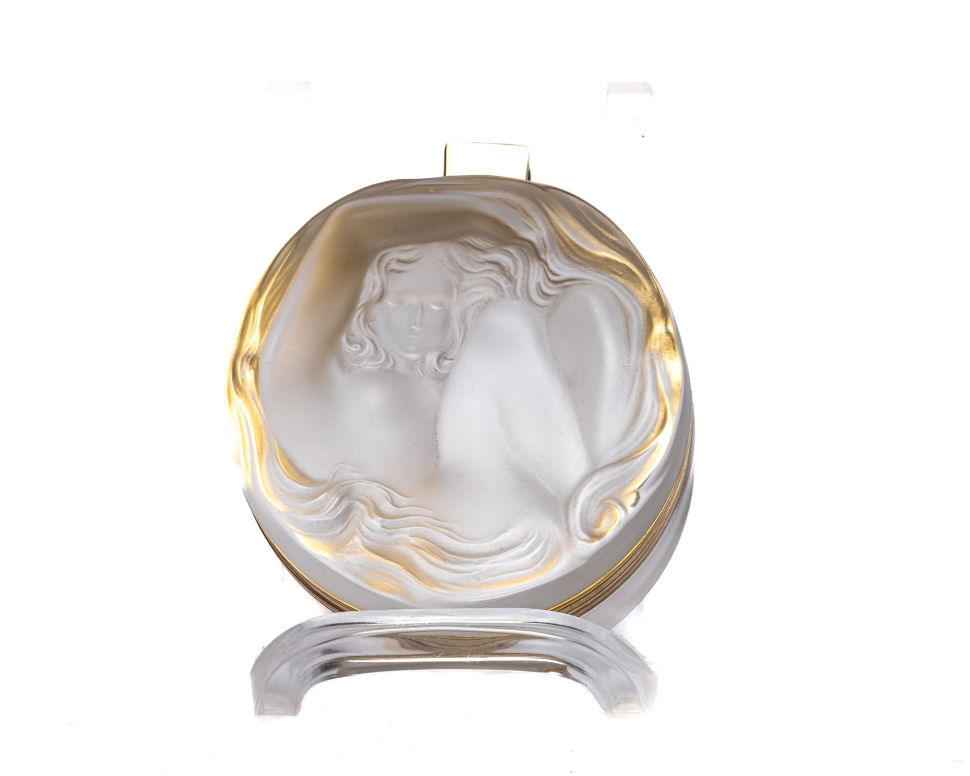 Deckeldose "Daphne", Vase "Fliegende Schwalben", Glasfigur "Faun mit weiblichem Akt", Lalique, farb - Bild 13 aus 14