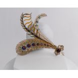 Sehr fein gearbeitete historische Hutnadel, 19. Jh., 14kt Gelbgold, 7 Rubine, 25 Türkise, 1 Granatc