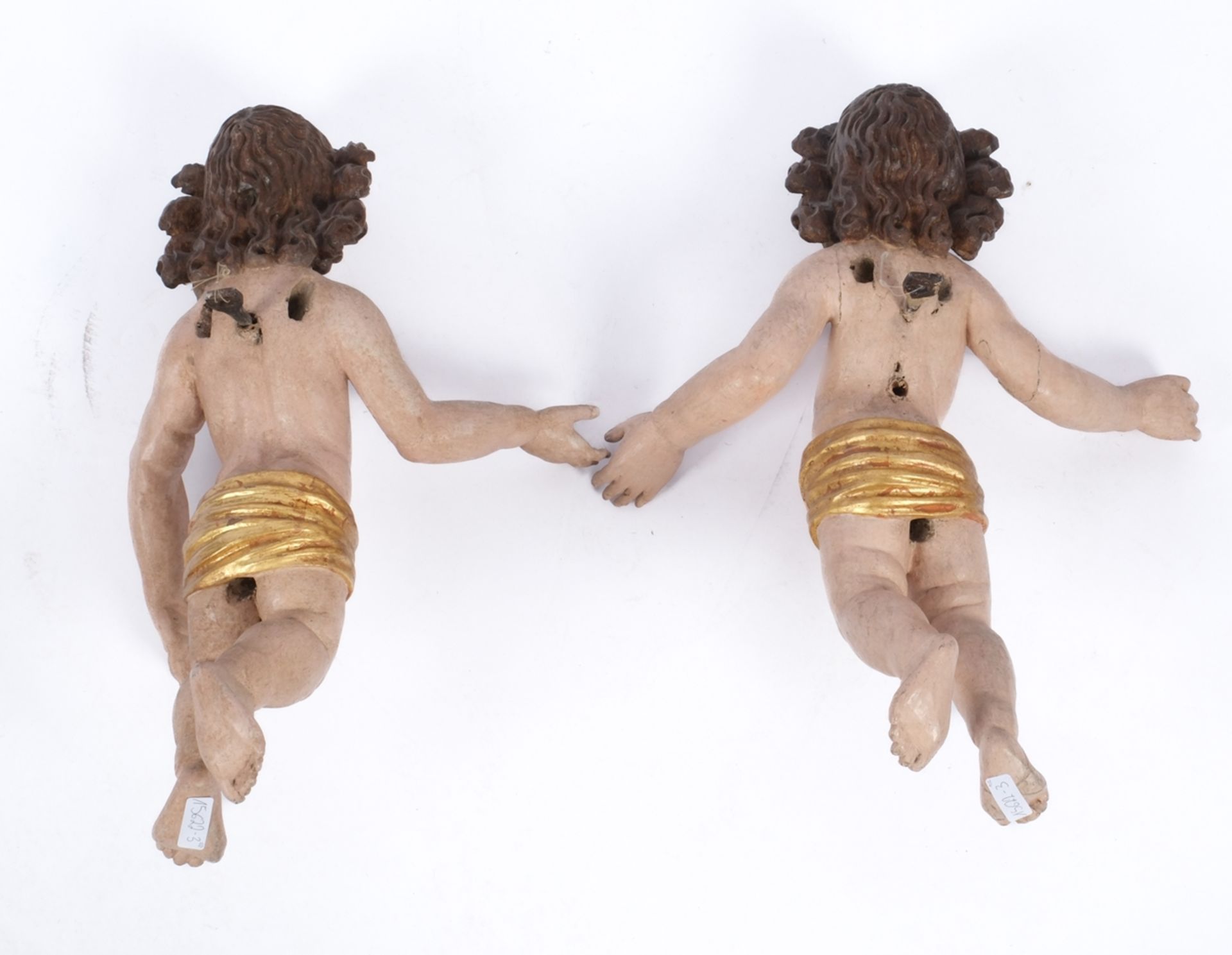 "Paar Putten", süddeutsch um 1700, Holz, farbig gefasst, 43 cm hoch, diverse Risse und fehlende Flü - Bild 5 aus 5