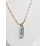 Perlcollier, 14kt Gelbgold, Aquamarinbaguette, Brillanten, Perlen,