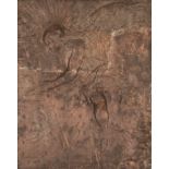 "Engel mit Fackel", wohl 18. Jh., Papierkasché mit Blattbronzierung auf Keilrahmen, 56 x 45 cm