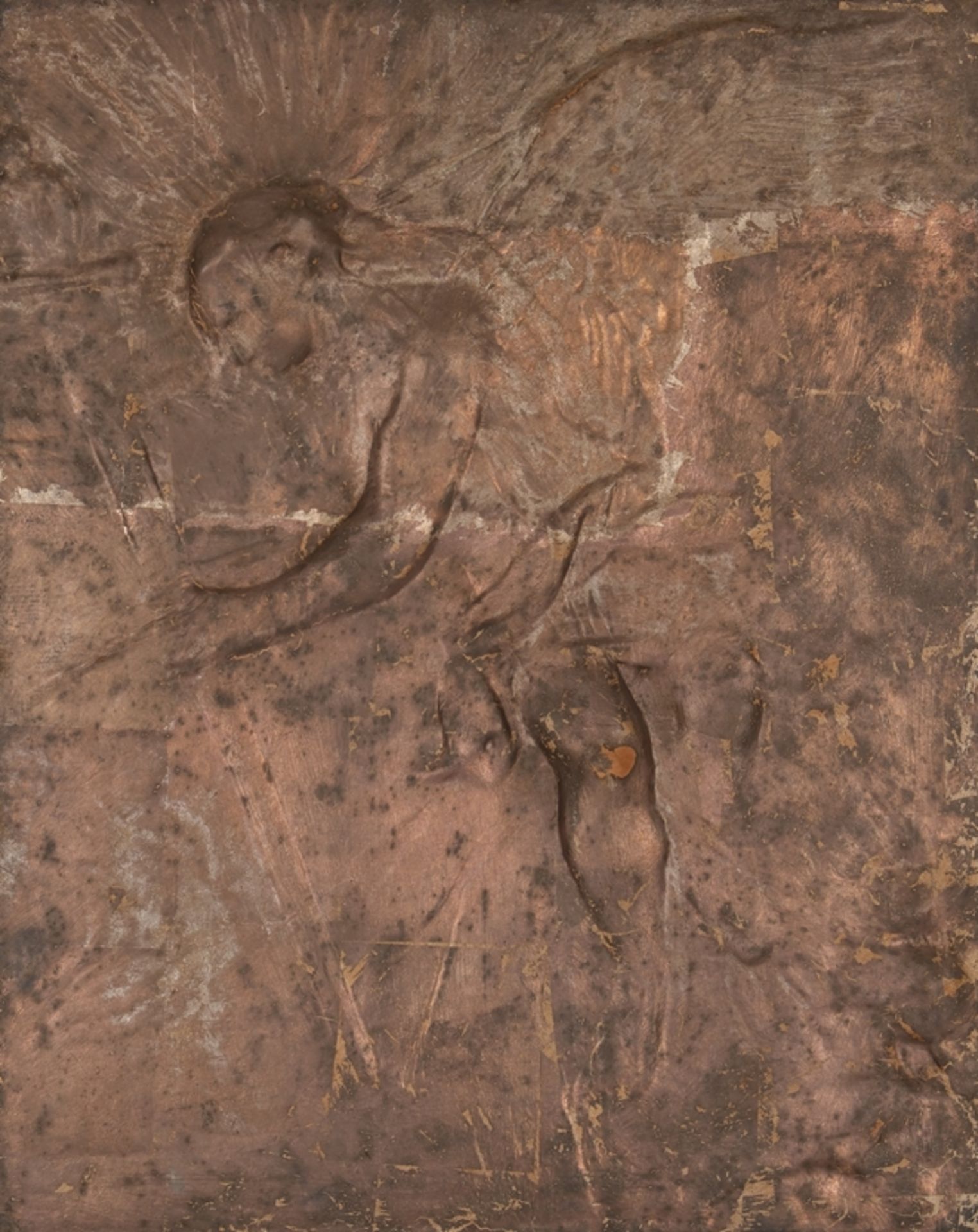 "Engel mit Fackel", wohl 18. Jh., Papierkasché mit Blattbronzierung auf Keilrahmen, 56 x 45 cm