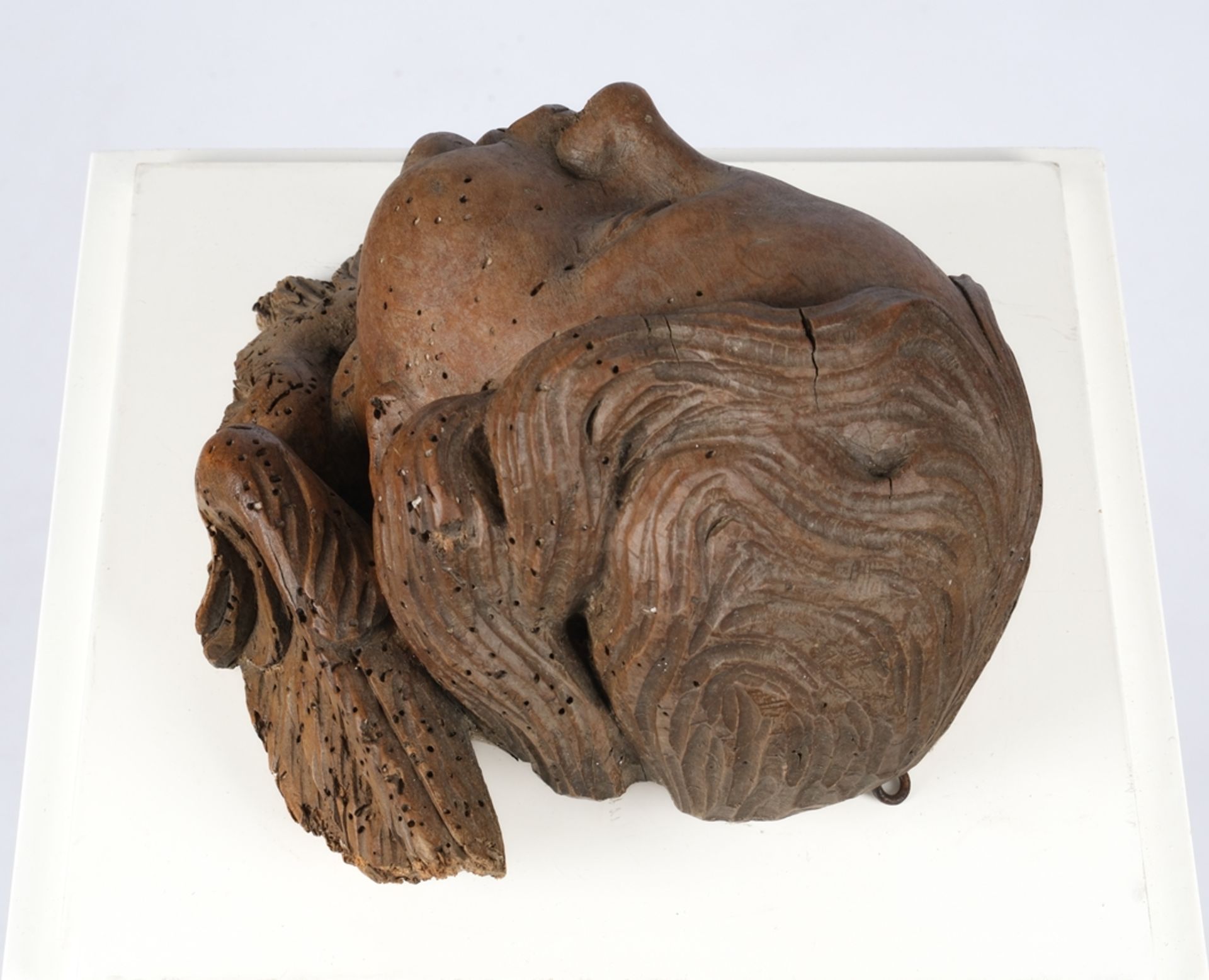 "Kopf eines Puttos", deutsch 18. Jahrhundert, 28 cm hoch, Spuren eines Anobienbefalls (inaktiv), Ri - Bild 3 aus 4