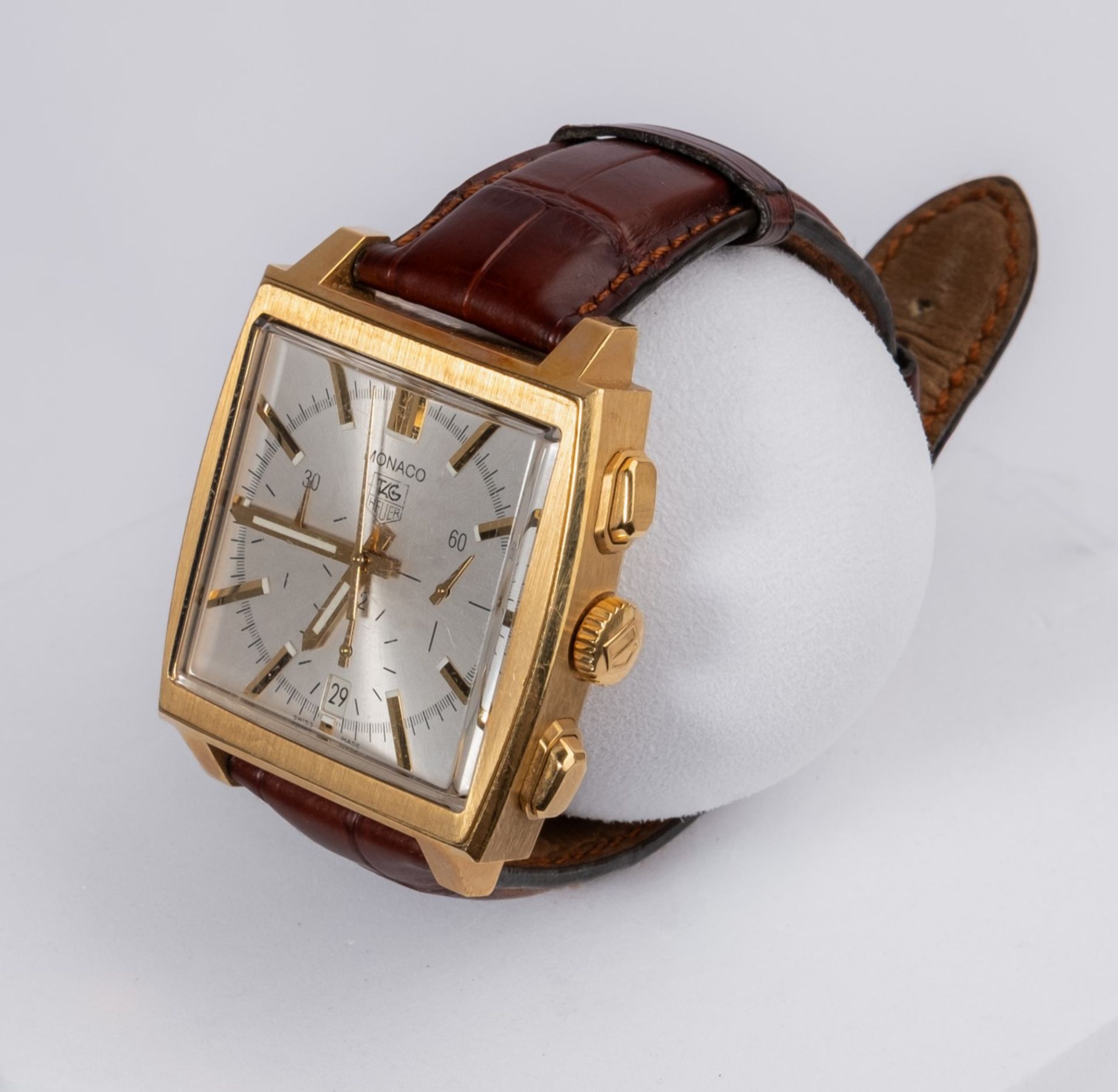 Tag Heuer Monaco, Chronograph, Ref. CW5140, Gehäuse und Schließe in 18kt Gelbgold, quadratisches Ge