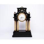 Portaluhr, Wien, um 1830, Holz, schwarz gefasst, schauseitig vier Alabastersäulen, Giebel mit Perlm