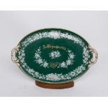 Porzellantablett, "Zu Weihnachten 1876", 19. Jh., ungemarkt, oval, mit zwei Handhaben, grüngrundige