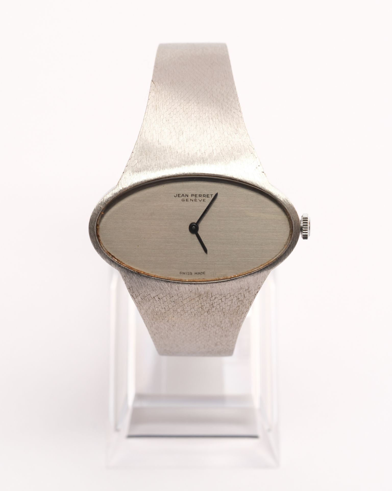 Jean Perret, Damenarmbanduhr, 1970/80er Jahre, Genf, 18kt WG, elliptisches Gehäuse mit verlötetem f