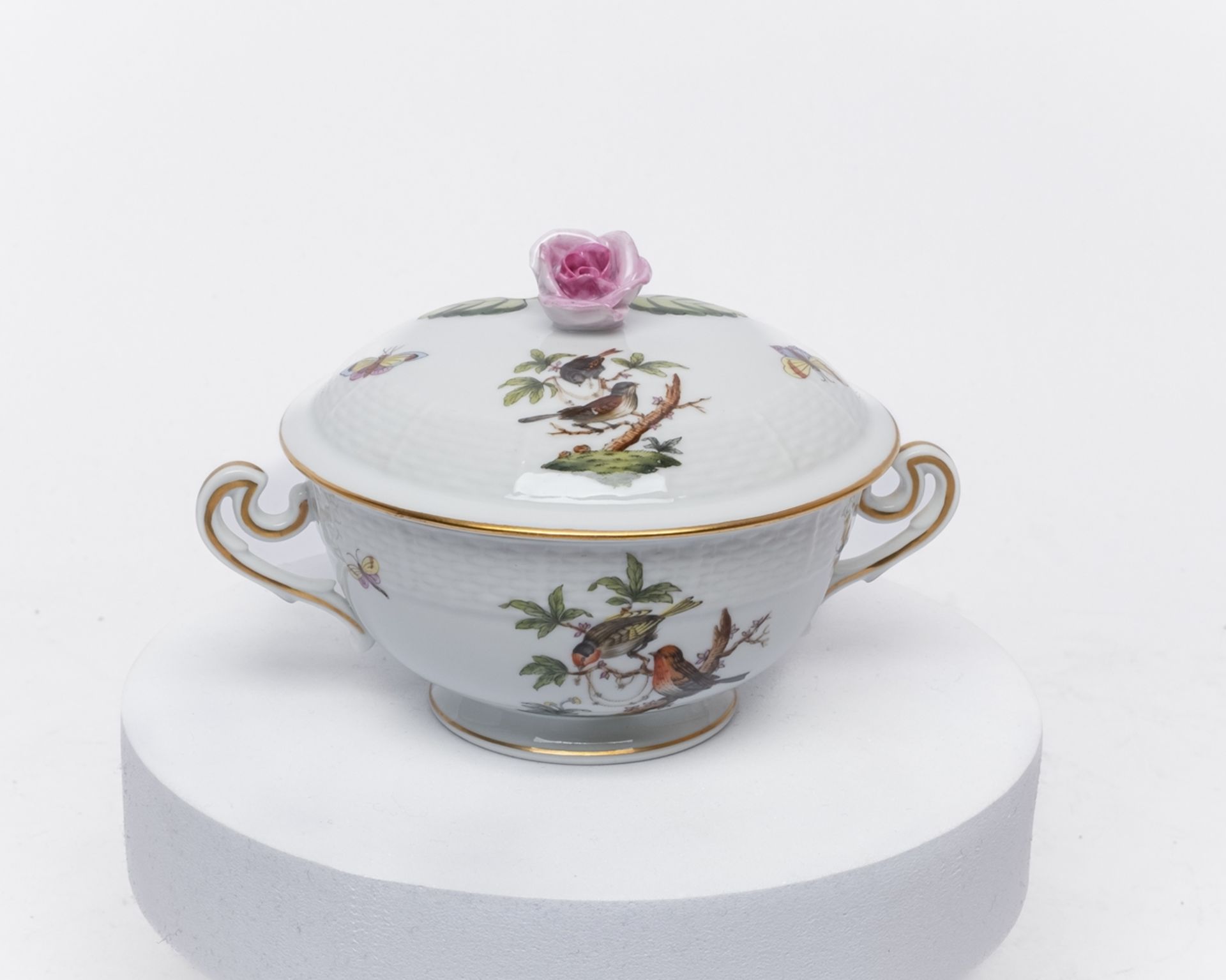 Service, 77-tlg., Herend, Dekor Rothschild, Goldrand: 10 Deckelsuppentassen, 10 Untertassen, 12 Vor - Bild 12 aus 12