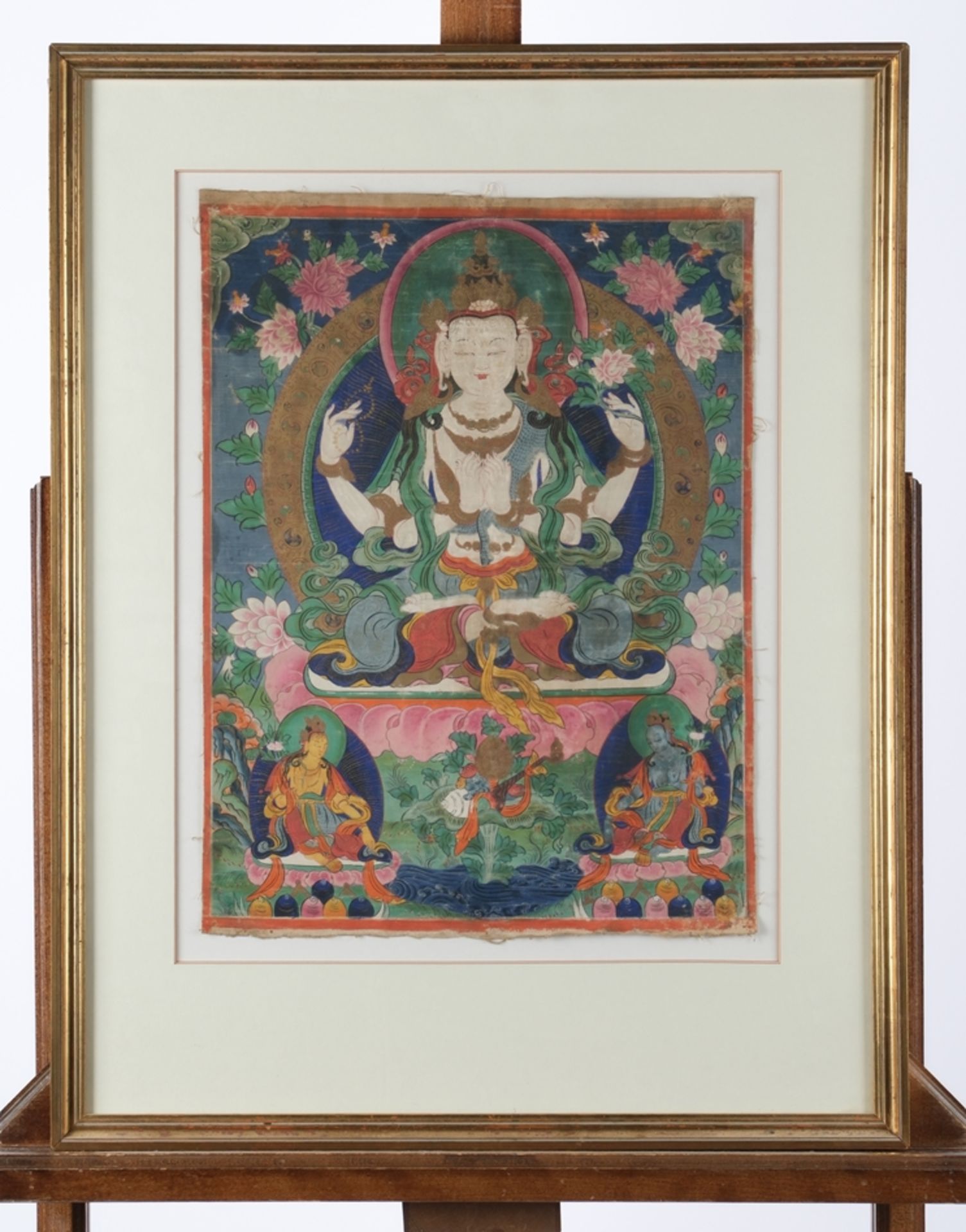 Thangka, "Sitzende Tara vor Mandorla", Tibet/Nepal, 20. Jh., Farbe und Gold auf Leinwand, unmontier - Bild 2 aus 6