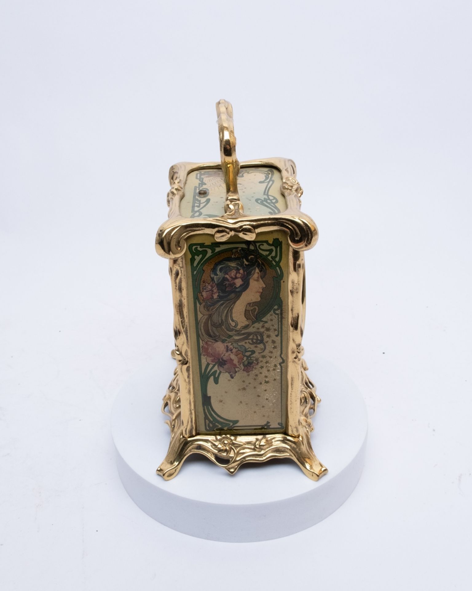 Wecker, Art Nouveau, Frankreich, um 1900, farbig bedrucktes Eisenblech, feuervergoldetes Messing un - Bild 2 aus 5