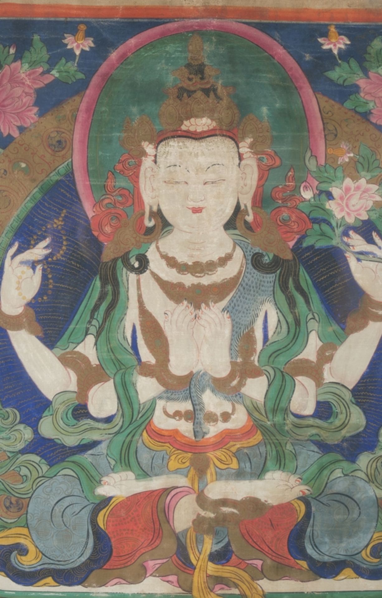 Thangka, "Sitzende Tara vor Mandorla", Tibet/Nepal, 20. Jh., Farbe und Gold auf Leinwand, unmontier - Bild 5 aus 6