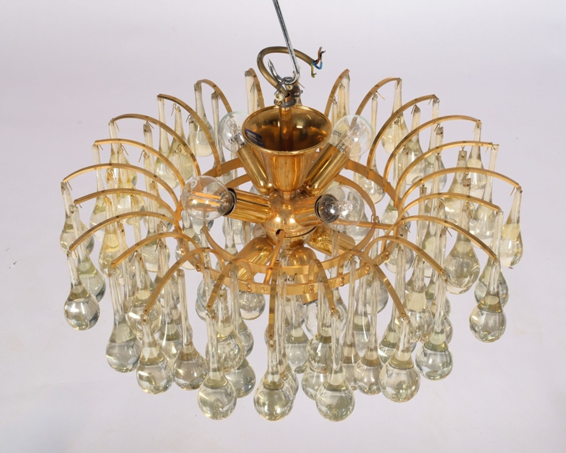 Deckenleuchter, Christoph Palme, Rheinbach, 1980er Jahre, Messing, hängende Bleikristalltropfen, ac - Bild 2 aus 3