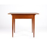 Biedermeiertisch, um 1830, Kirschbaum massiv, rechteckige Platte auf vier konischen Vierkantbeinen,