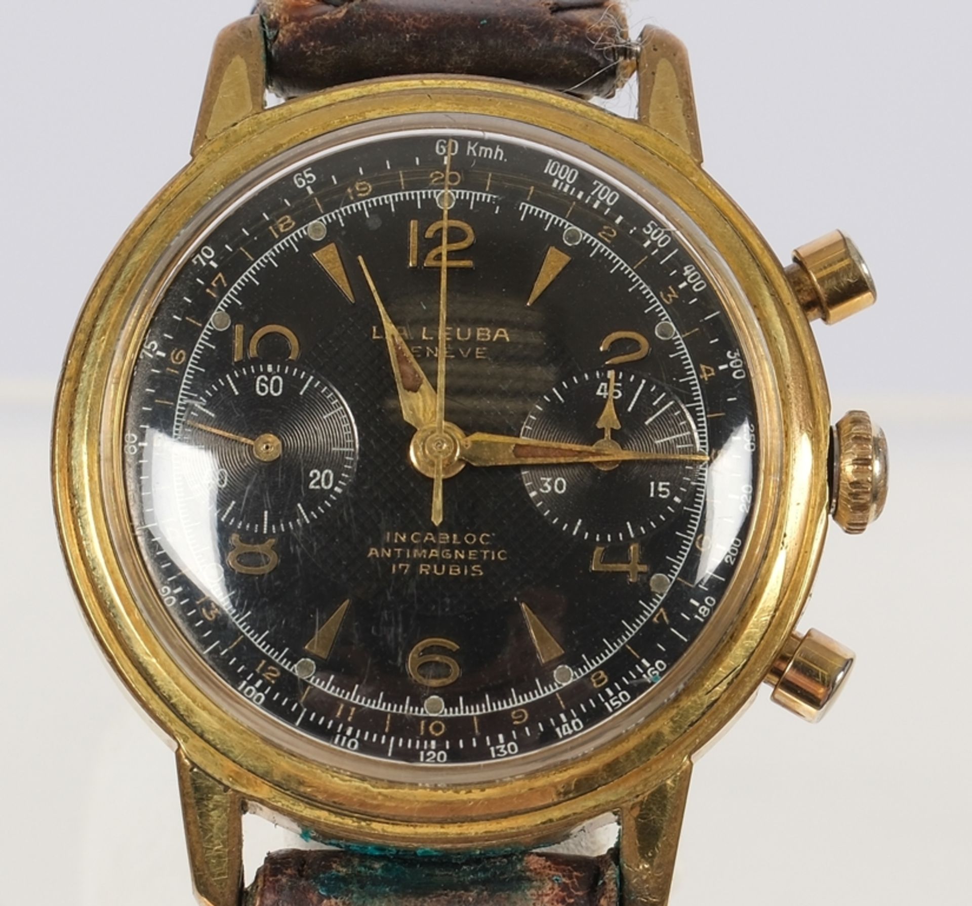 La Leuba Vintage Chronograph, Schweiz, um 1950, vergoldetes Gehäuse, schwarzes Zifferblatt mit gold - Bild 4 aus 5