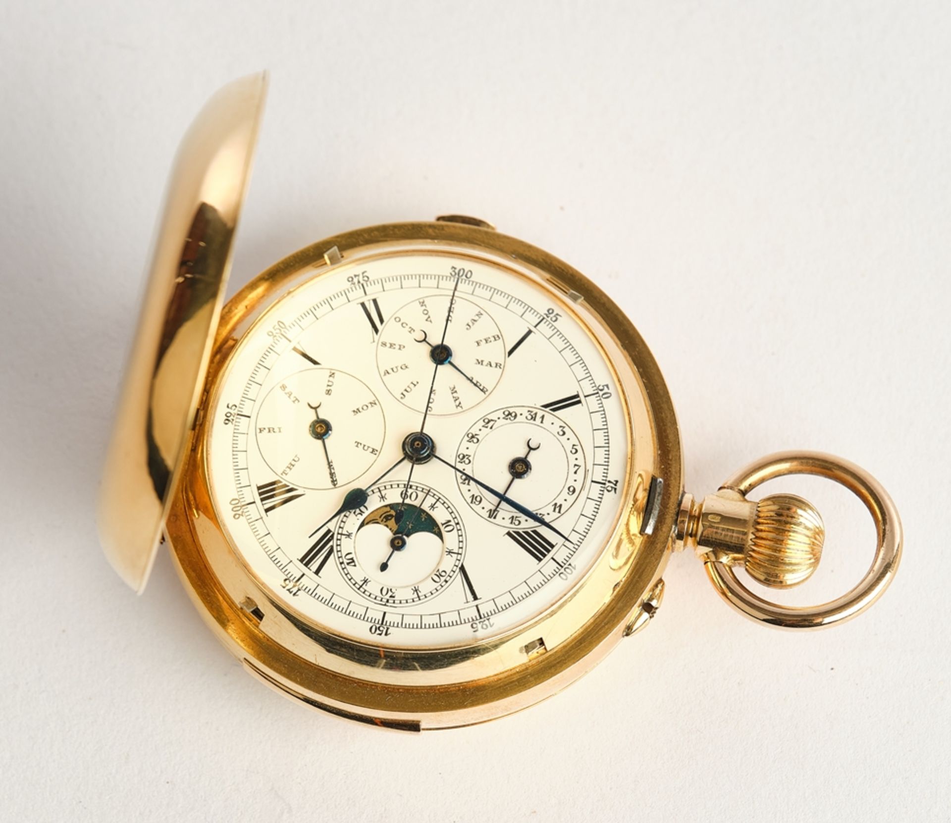 Taschenuhr, Grand Complication Chronograph, ca. 1880, ca. 55 mm, 18kt Rotgold, Handaufzug, emaillie