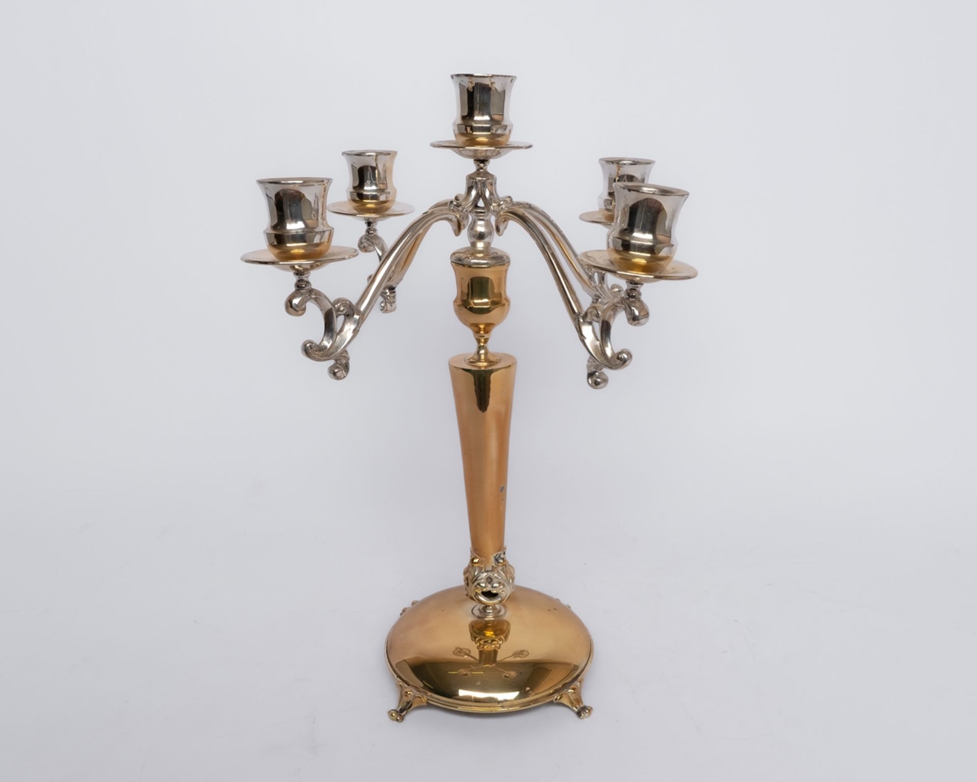 Girandole, Silber 925, Mexiko, teils vergoldet, gewölbter Stand auf vier Füßchen, Nodus mit Blattwe