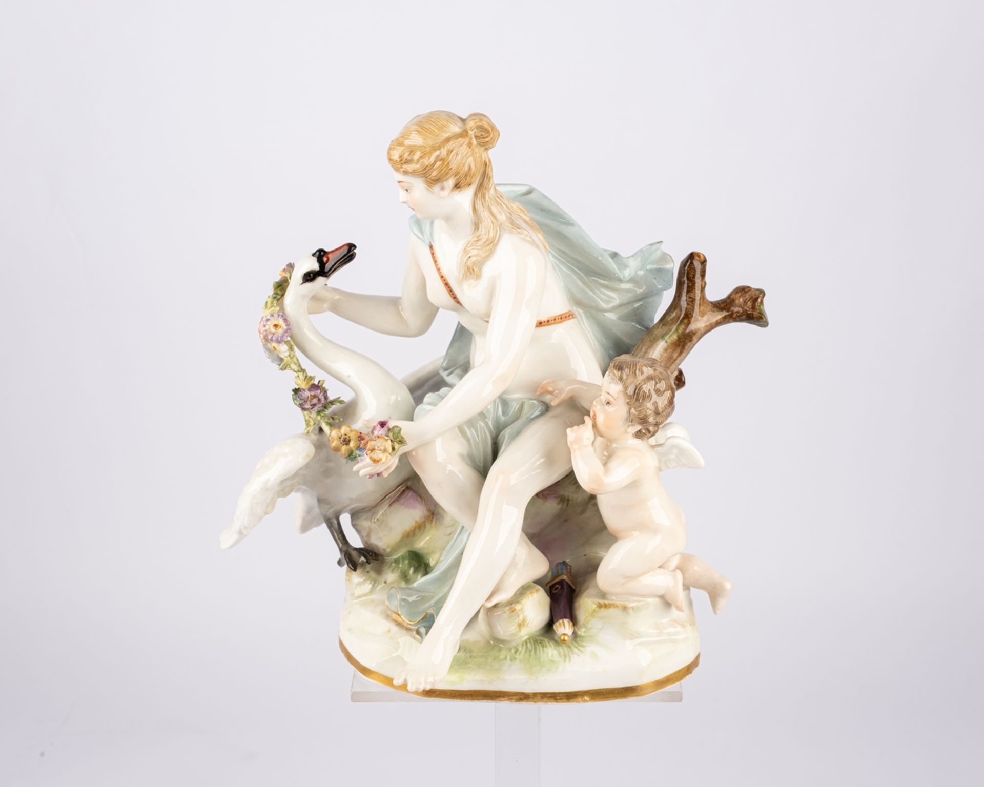 Porzellangruppe, "Leda mit dem Schwan und Amor", Meissen, Schwertermarke, 1850-1924, 1. Wahl, Model