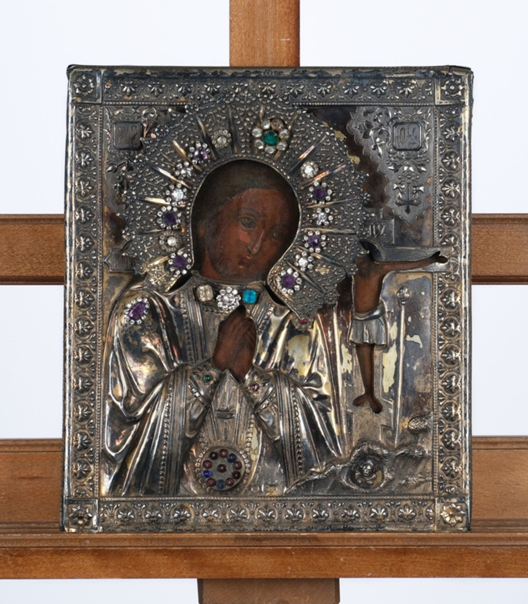 "Gottesmutter mit Jesus am Kreuz", Ikone, Tempera-Mischtechnik auf Holz, teils versilbertes Messing - Bild 2 aus 7