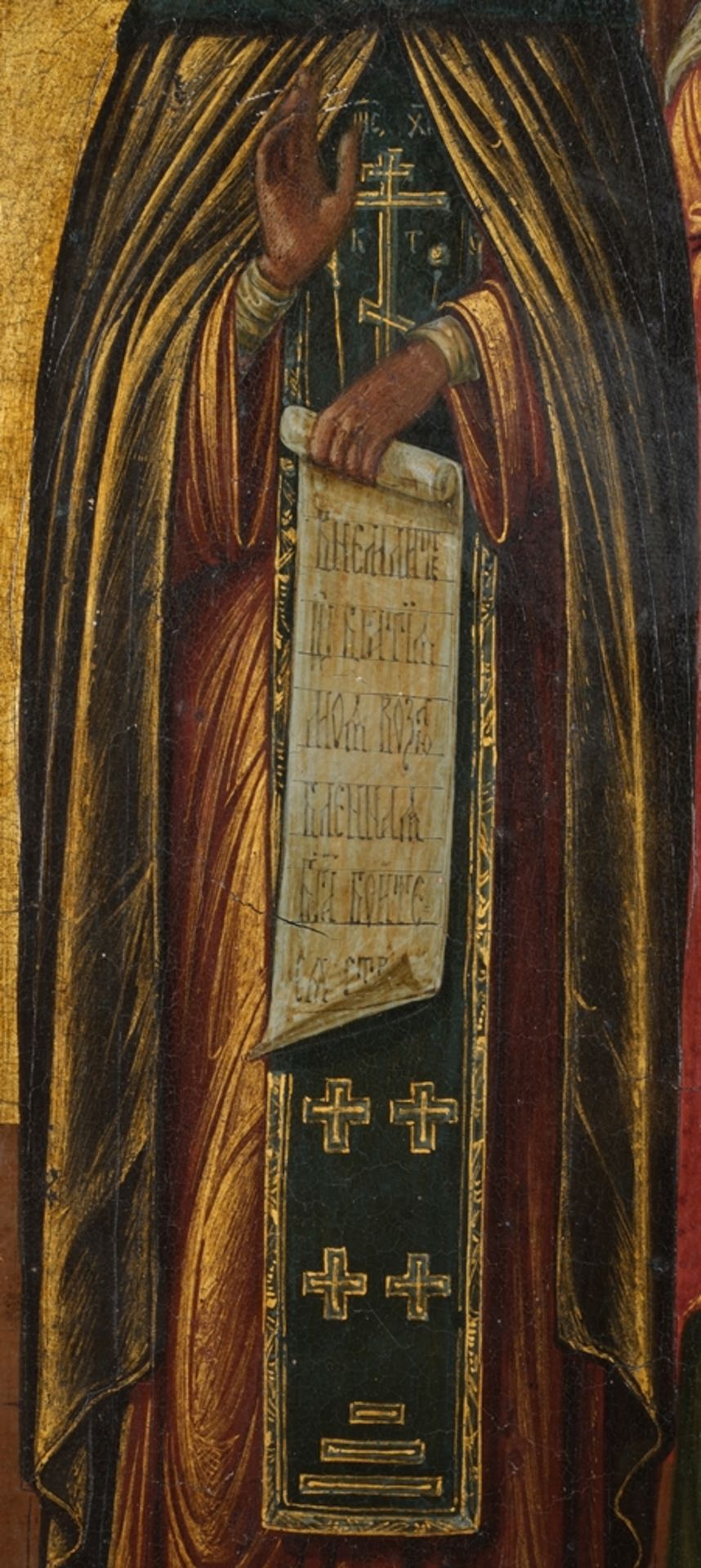 „Sechs Heilige“, Ikone, Nikolaus und St. Paraskewe, mittig Christus Pantokrator auf Wolken und das  - Bild 7 aus 8