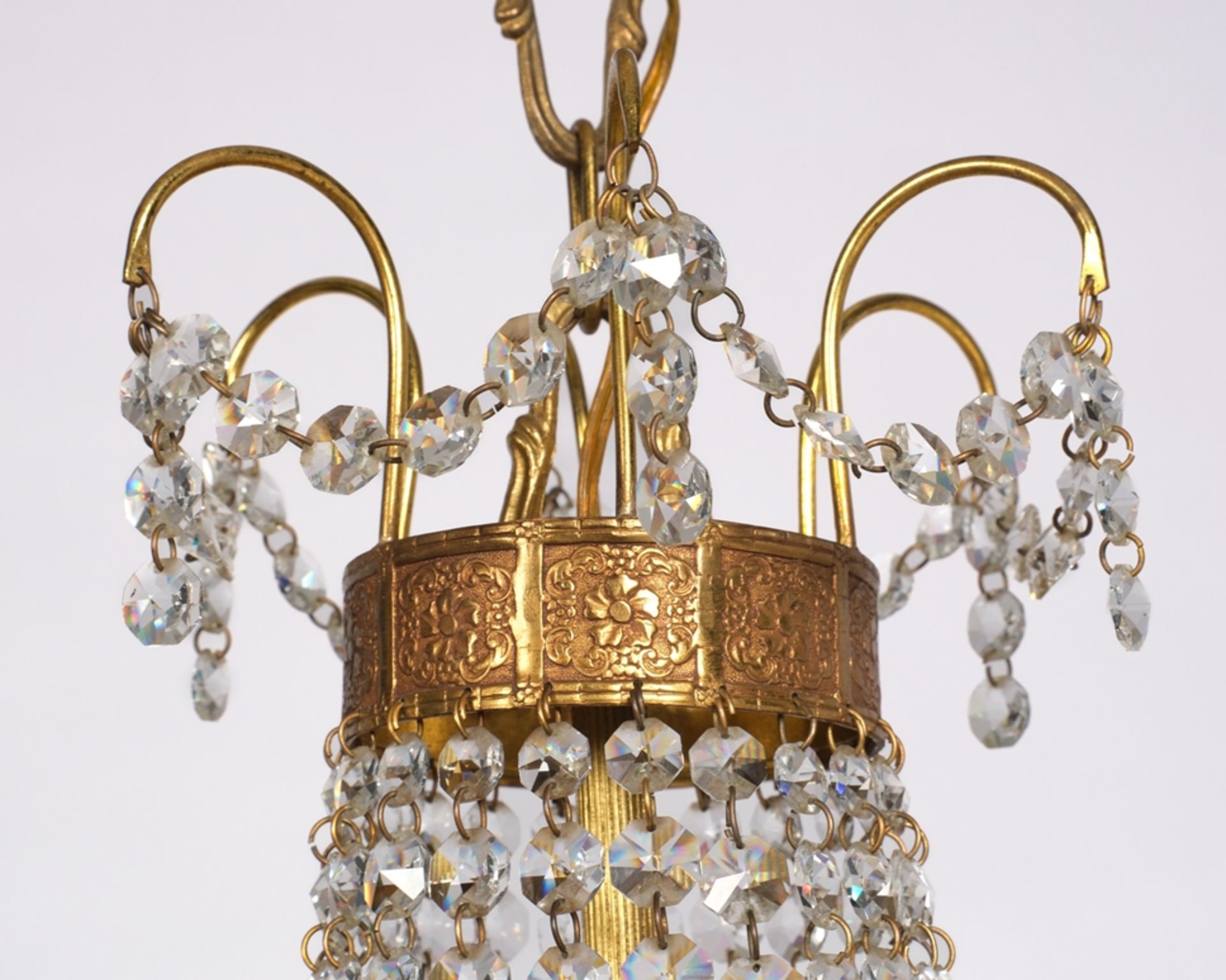 Deckenlüster, Empirestil, Frankreich, 20. Jh., Bronze, Glasbehang, Korbform, fünfflammig, elektrifi - Bild 2 aus 3