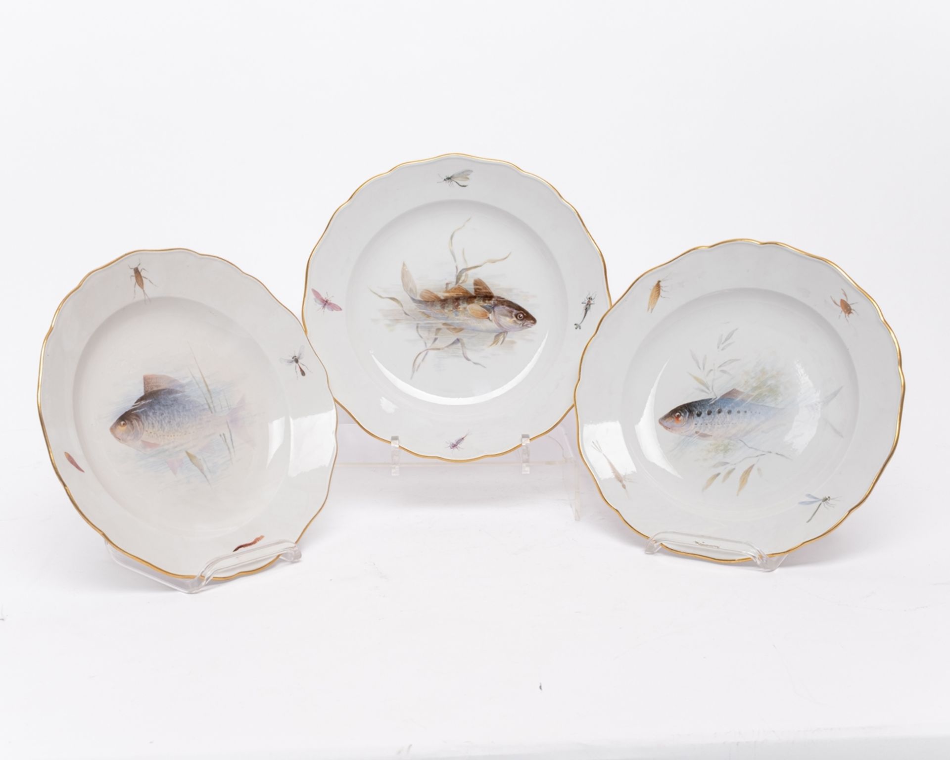 Fischservice, 16-tlg., Meissen, Schwertermarke, 1850-1924, 1. Wahl, Fischmalerei, bunt, Goldrand: 1 - Bild 4 aus 11