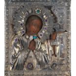 "Gottesmutter mit Jesus am Kreuz", Ikone, Tempera-Mischtechnik auf Holz, teils versilbertes Messing