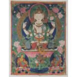 Thangka, "Sitzende Tara vor Mandorla", Tibet/Nepal, 20. Jh., Farbe und Gold auf Leinwand, unmontier
