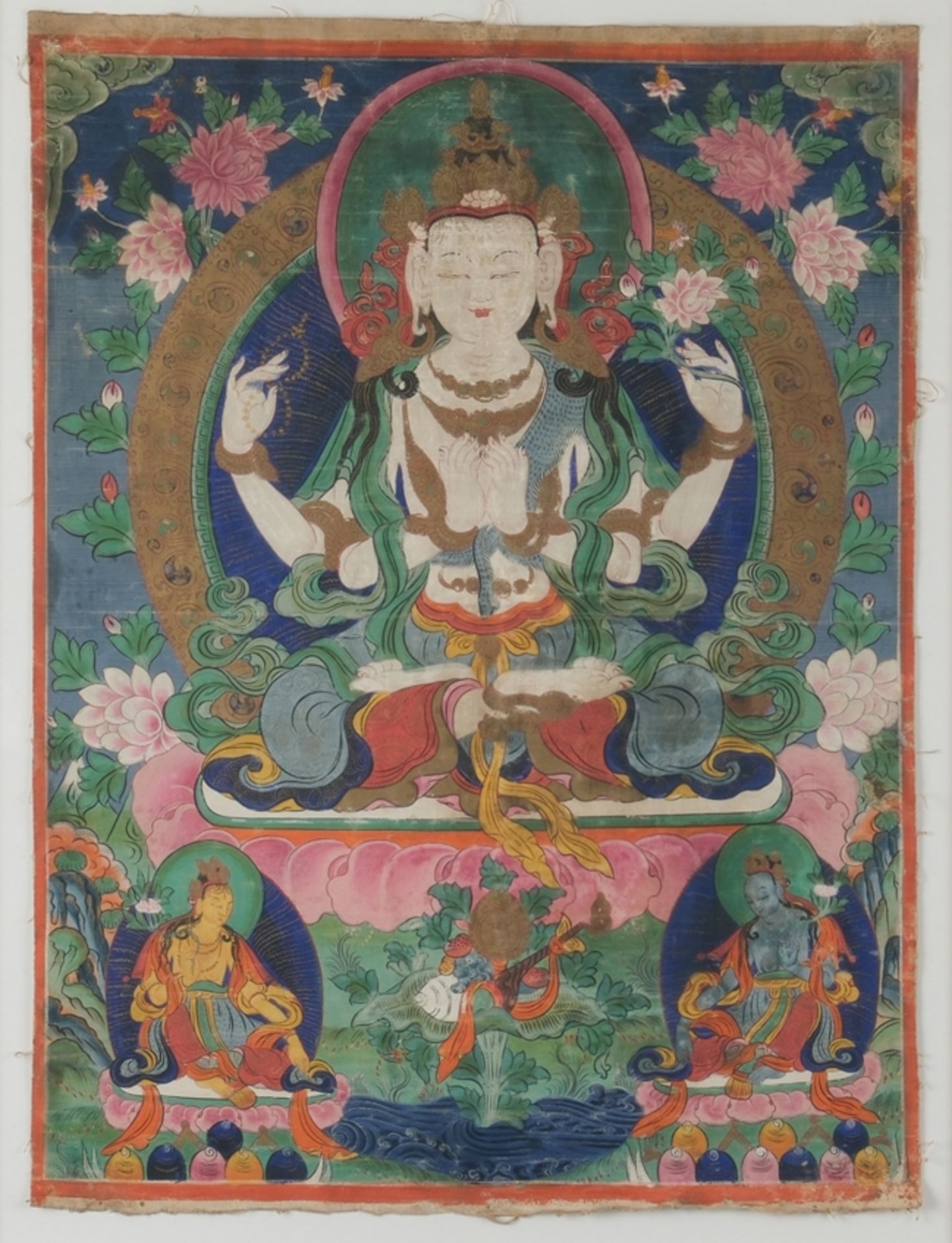 Thangka, "Sitzende Tara vor Mandorla", Tibet/Nepal, 20. Jh., Farbe und Gold auf Leinwand, unmontier