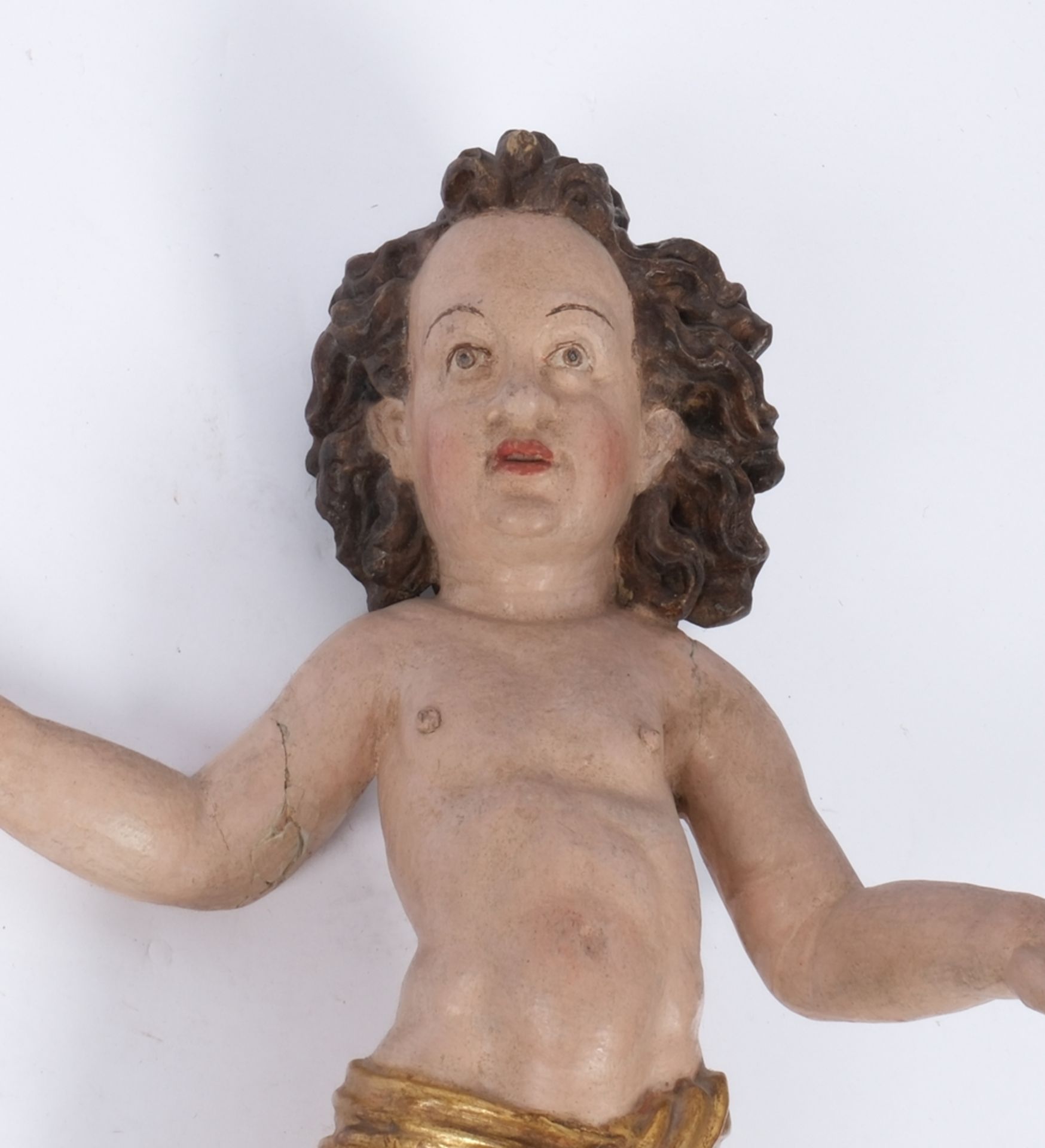 "Paar Putten", süddeutsch um 1700, Holz, farbig gefasst, 43 cm hoch, diverse Risse und fehlende Flü - Bild 4 aus 5