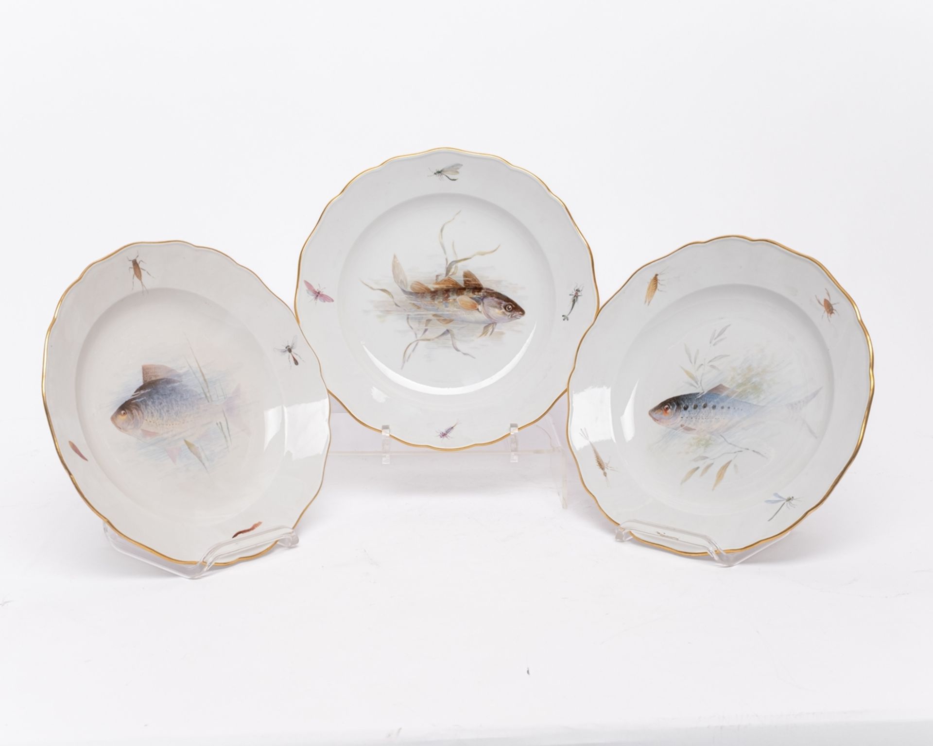 Fischservice, 16-tlg., Meissen, Schwertermarke, 1850-1924, 1. Wahl, Fischmalerei, bunt, Goldrand: 1 - Bild 5 aus 11