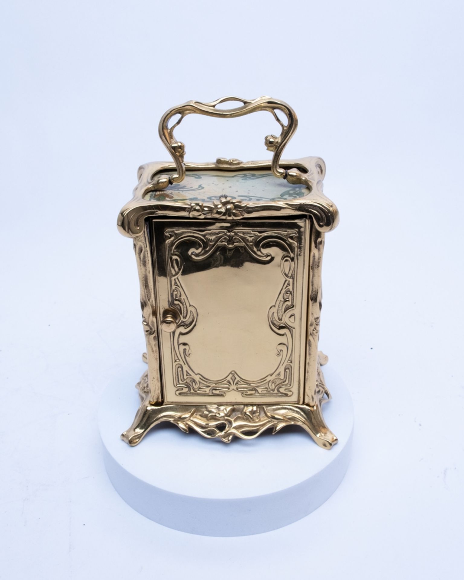 Wecker, Art Nouveau, Frankreich, um 1900, farbig bedrucktes Eisenblech, feuervergoldetes Messing un - Bild 4 aus 5