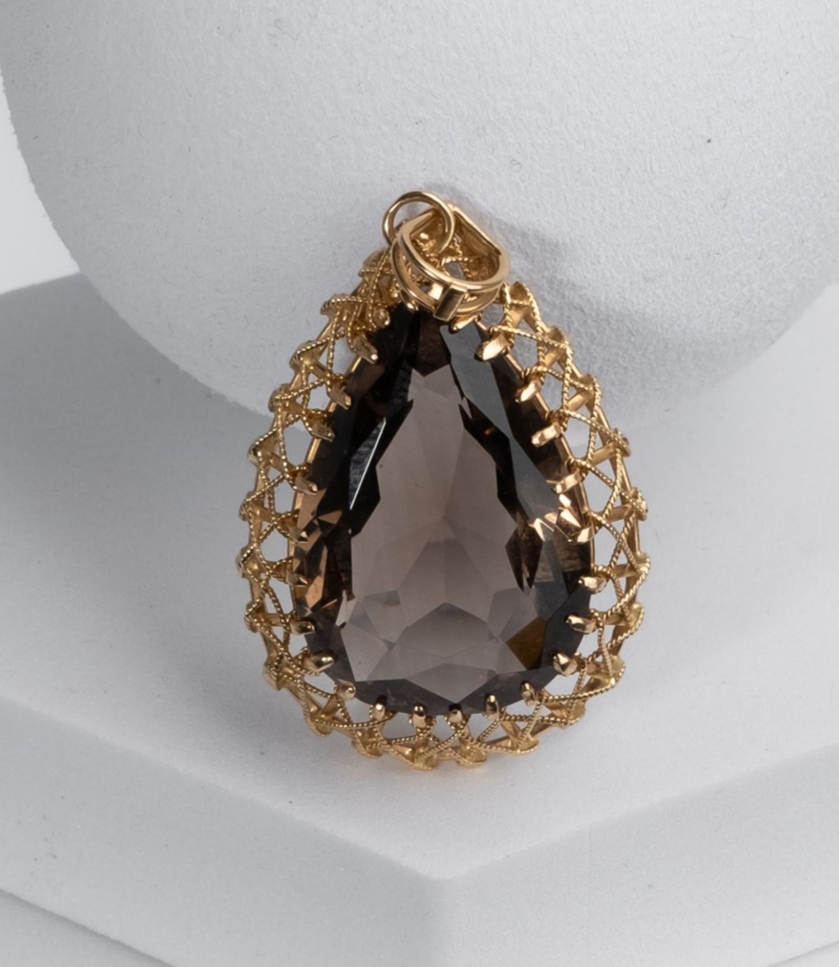 Anhänger, 18kt Gelbgold, Rauchquarztropfen ca. 32.0 ct., ca. 12.6 g