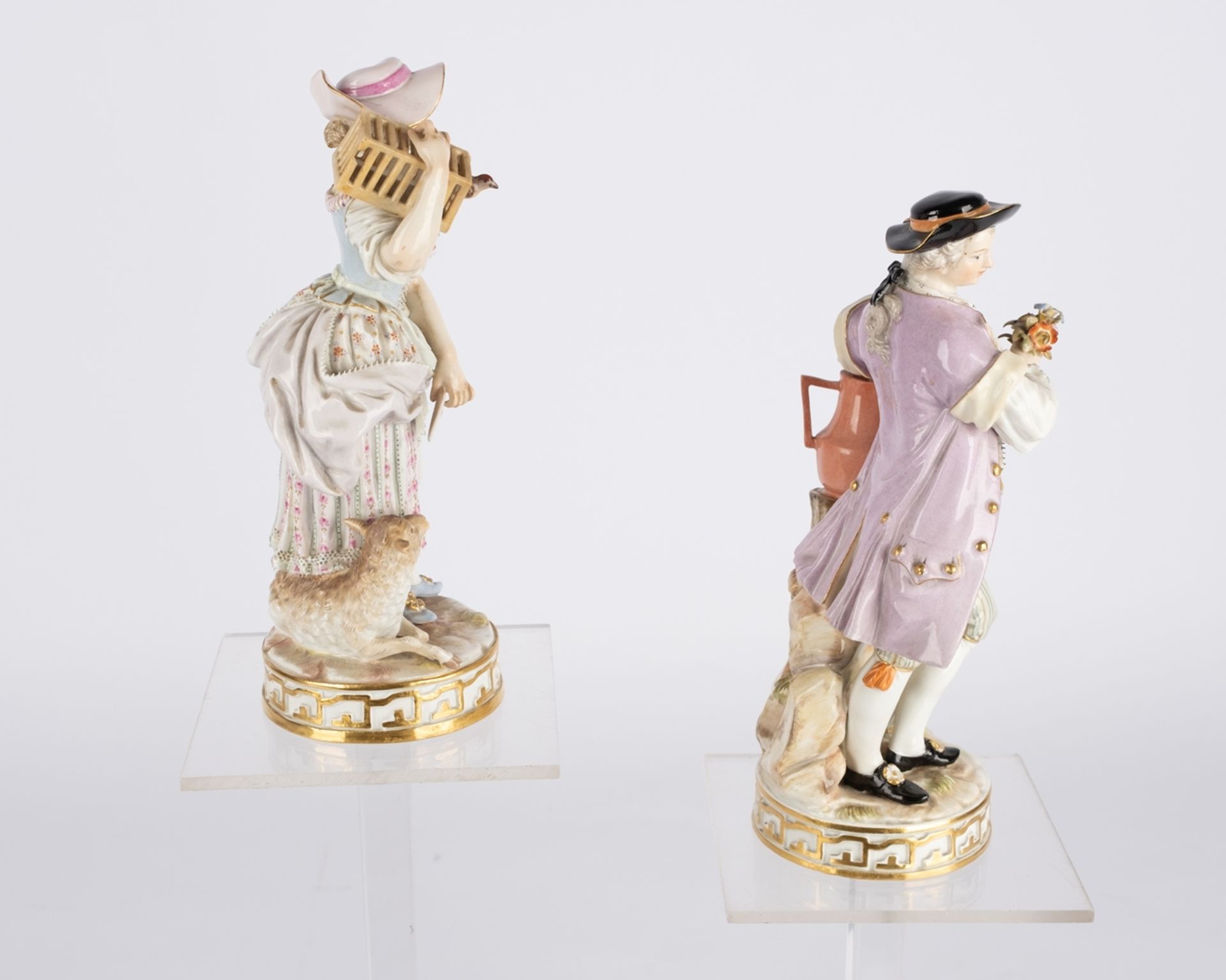 2 Porzellanfiguren, "Schäferin mit Lamm und Vogelbauer", "Gärtner mit Gießkanne", Meissen, Schwerte - Bild 4 aus 5