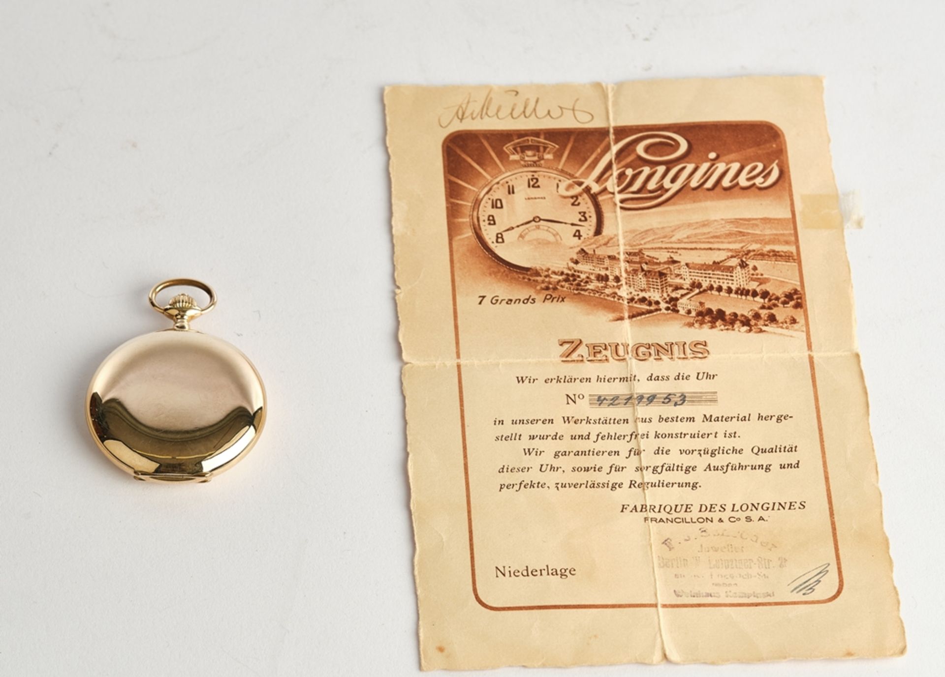 Taschenuhr, Longines 7 Grands Prix Savonette, 1927, 14kt Gelbgold, Handaufzug, emailliertes Ziffern - Bild 2 aus 7