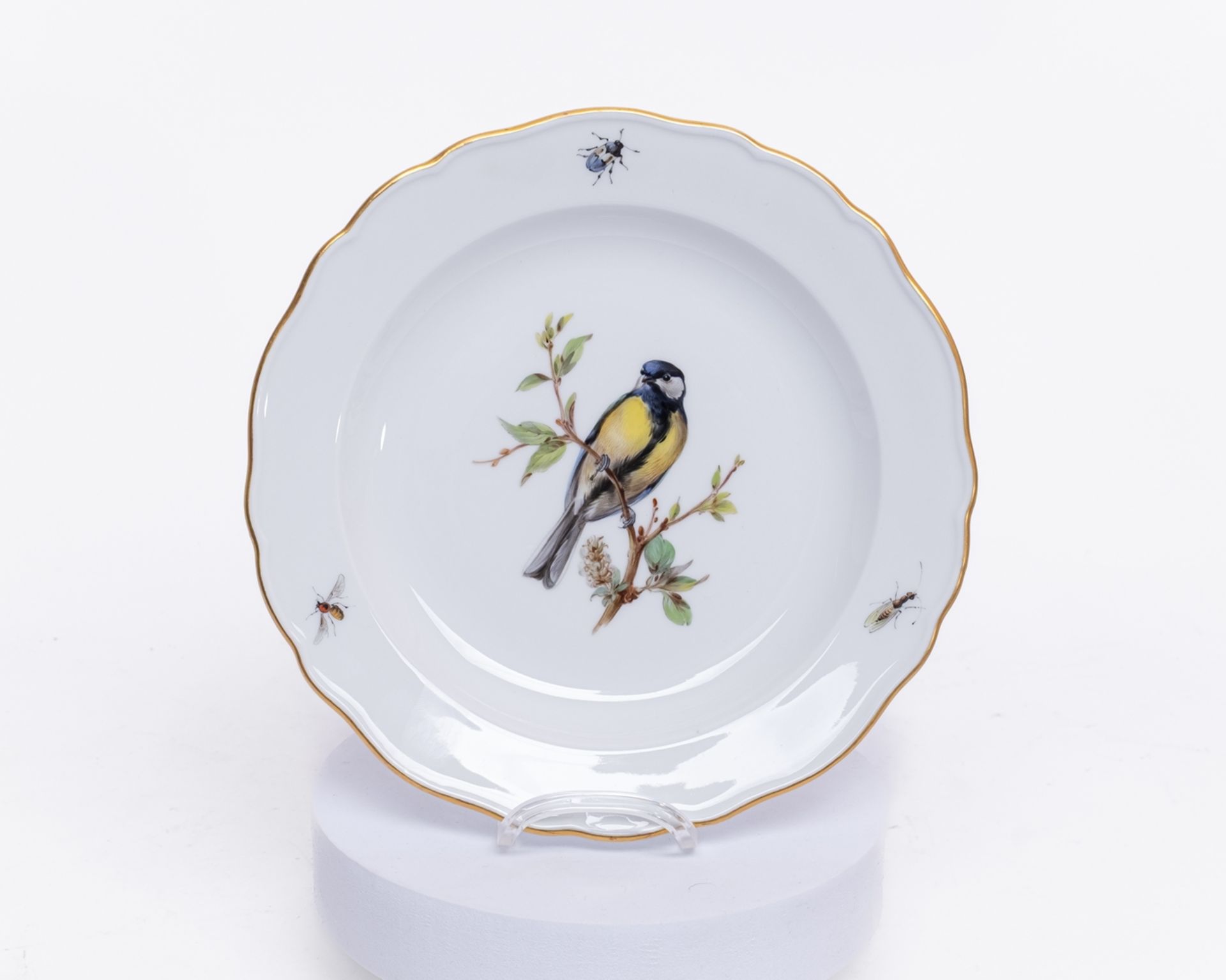 Speiseservice, 80-tlg., Meissen, Schwertermarke, 1. Wahl, Vogel- und Insektenmalerei, polychrom, Go - Bild 4 aus 17