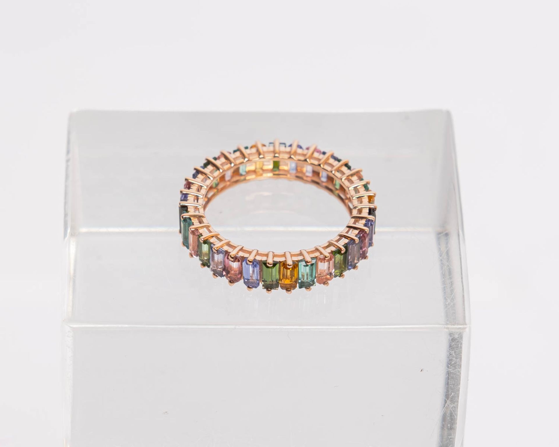 Memoire-Ring, 14kt Roségold, Tansanit, Turmalin, Imperial Topas, Iolith, zus. ca. 3.98 ct., ca. 3 g