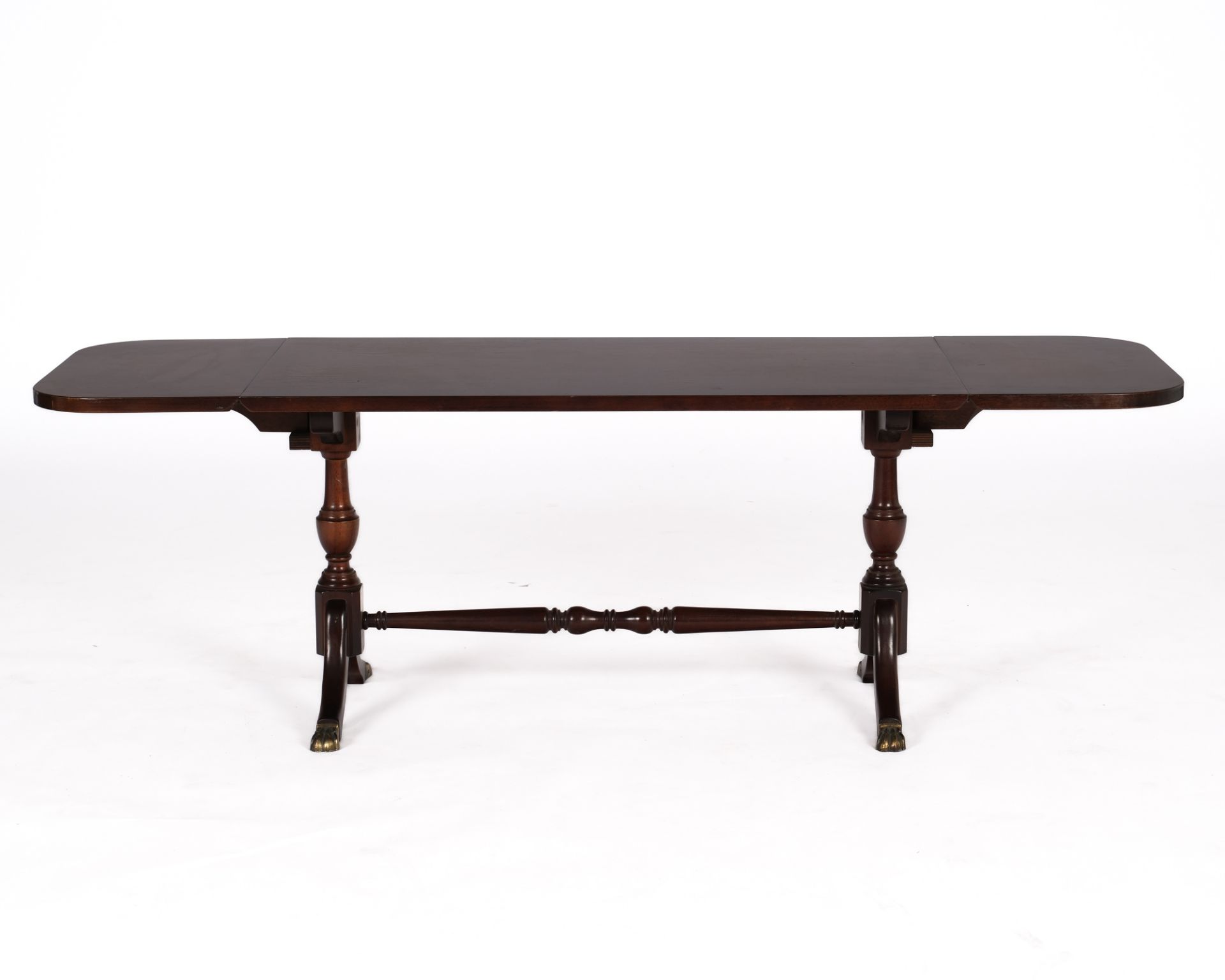 Kleiner Drop-Leaf-Table im englischen Stil, 20. Jh., Mahagoni furniert, Seiten klappbar, 43.5 x 84  - Bild 2 aus 4