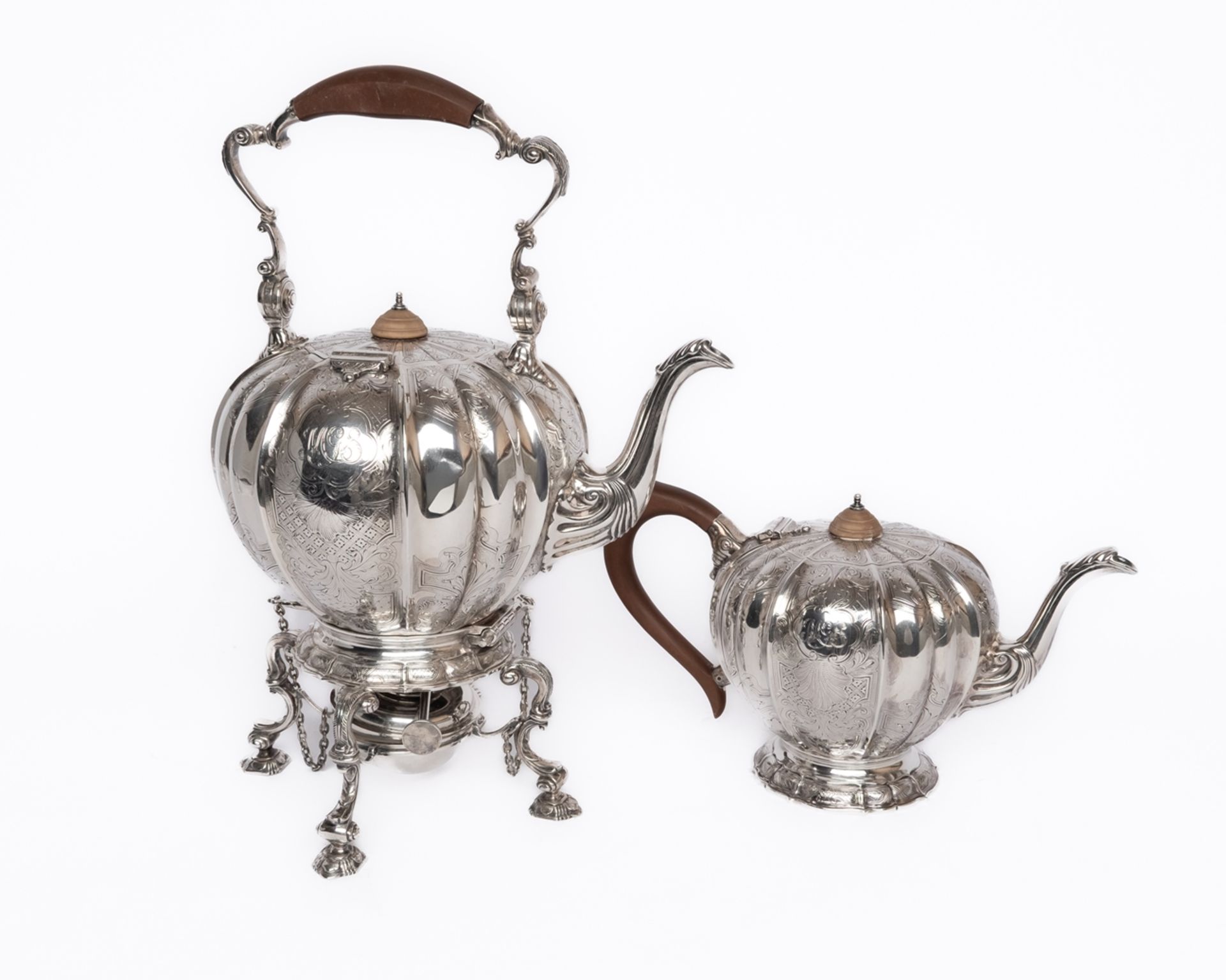 Teekanne, Heißwasserkessel auf Rechaud, Silber 925, London, 1925, Crichton & Co. Ltd, Kürbisform, v