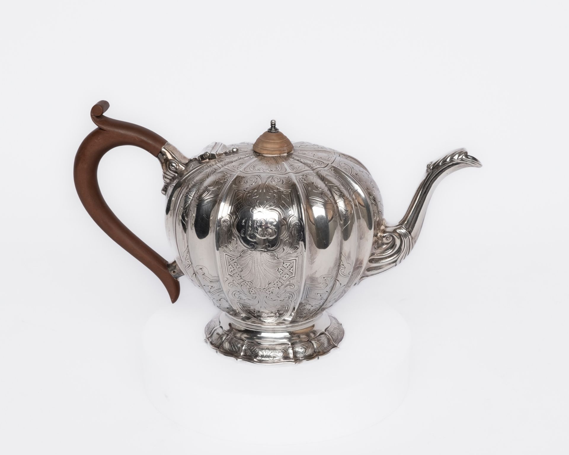 Teekanne, Heißwasserkessel auf Rechaud, Silber 925, London, 1925, Crichton & Co. Ltd, Kürbisform, v - Bild 3 aus 3