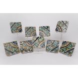 9 Fliesen, womöglich Valladolid/Spanien 16. Jh., ungemarkt, Irdenware, Cuenca-Technik, glasiert in 