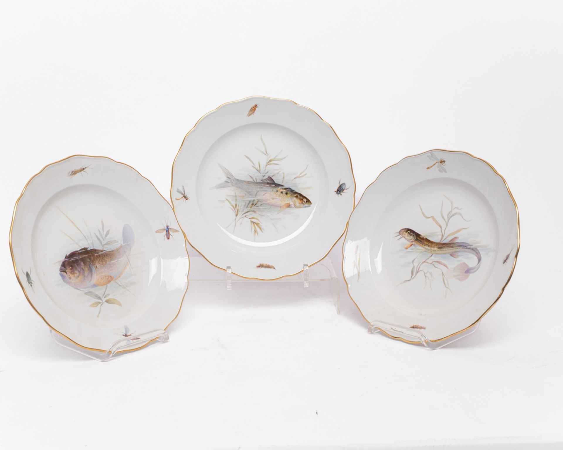 Fischservice, 16-tlg., Meissen, Schwertermarke, 1850-1924, 1. Wahl, Fischmalerei, bunt, Goldrand: 1 - Bild 6 aus 11