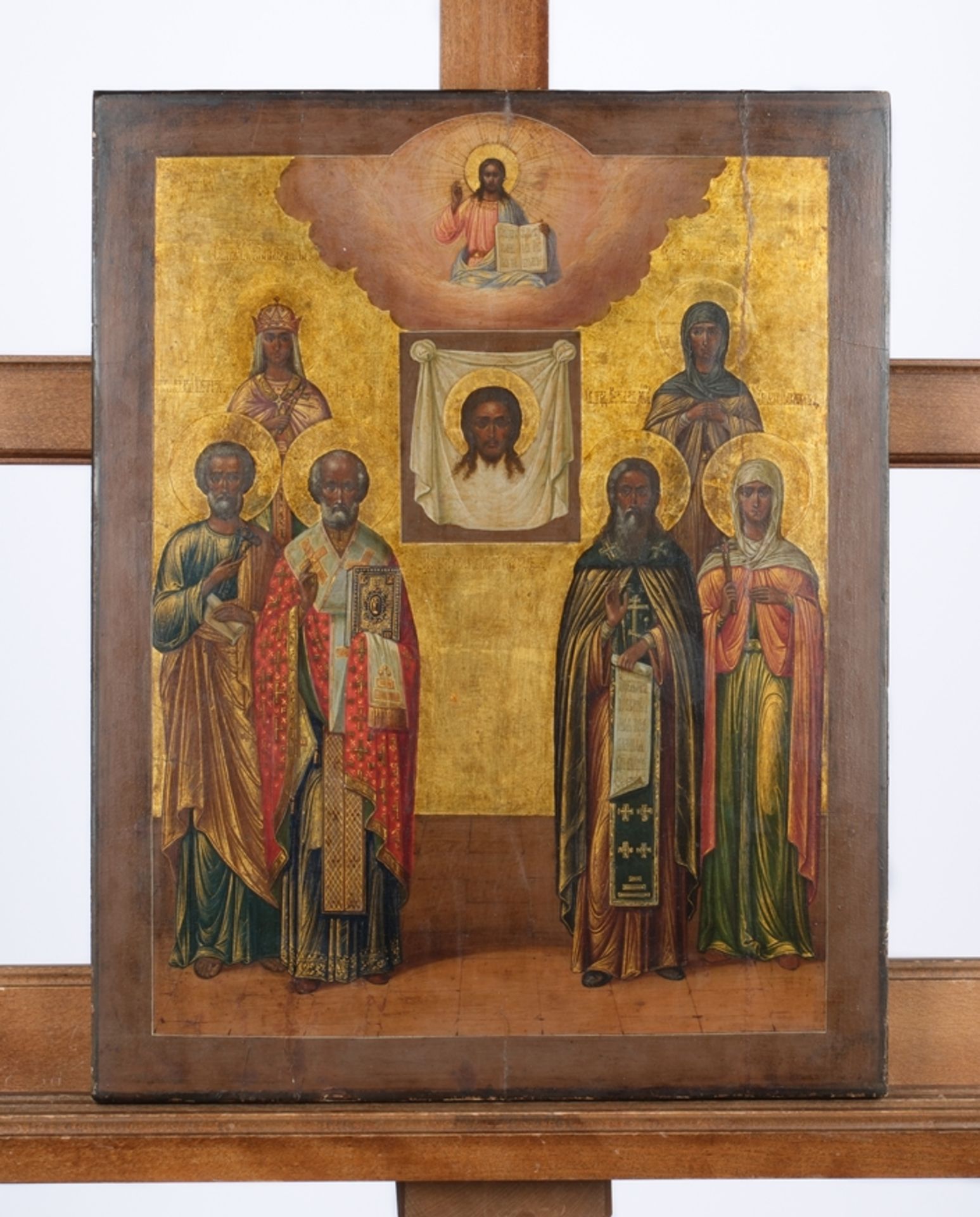 „Sechs Heilige“, Ikone, Nikolaus und St. Paraskewe, mittig Christus Pantokrator auf Wolken und das  - Bild 2 aus 8