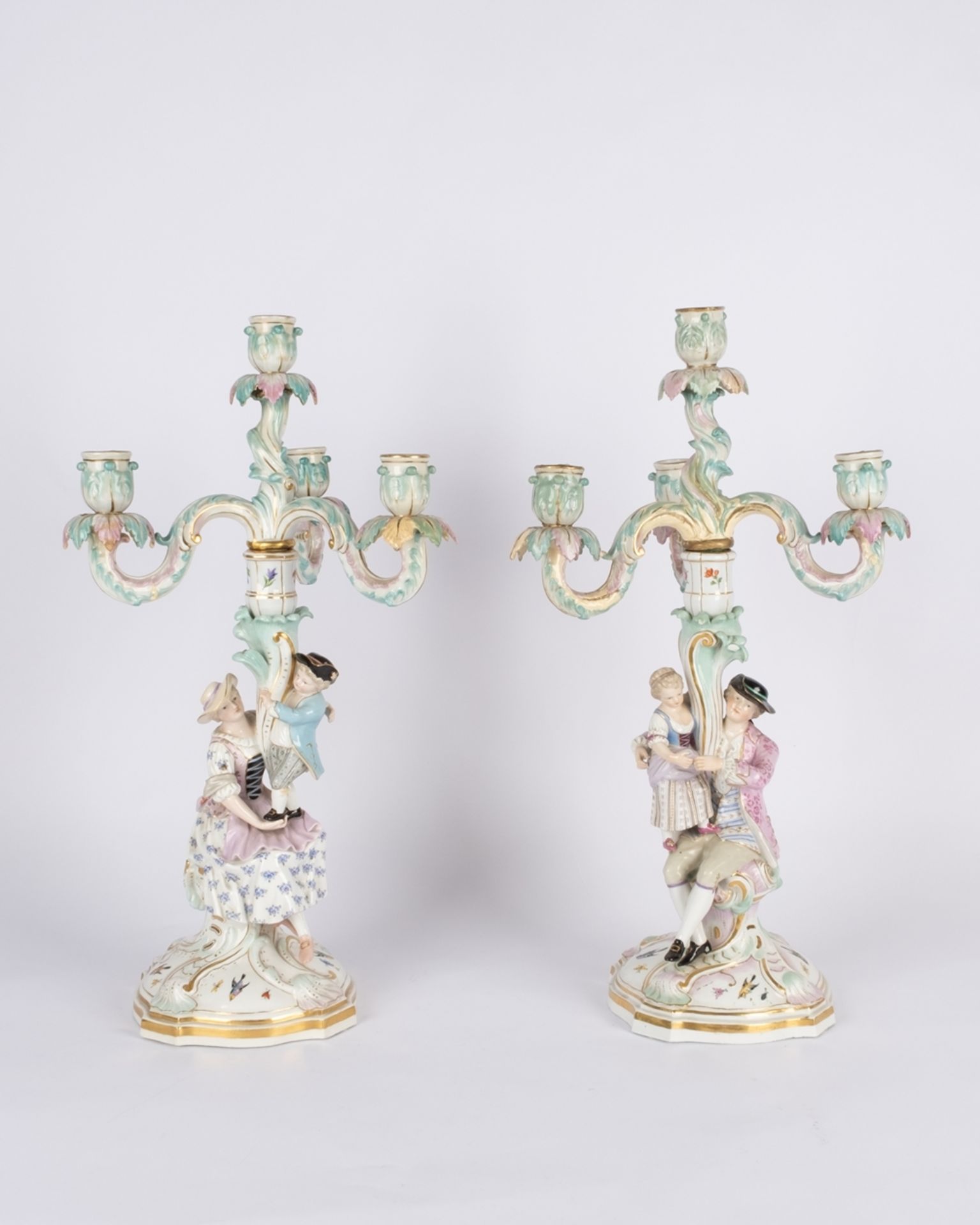Paar Leuchter, "Gärtnerfiguren", Meissen, Schwertermarke, 1850-1924, 1./2. Wahl, Modellnummern D 17