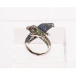 Schlangenring, 18kt Weißgold, Saphir ca. 2.69 ct., Czavorit ca. 1.30 ct., 4 kleine Rubine, ca. 11.3