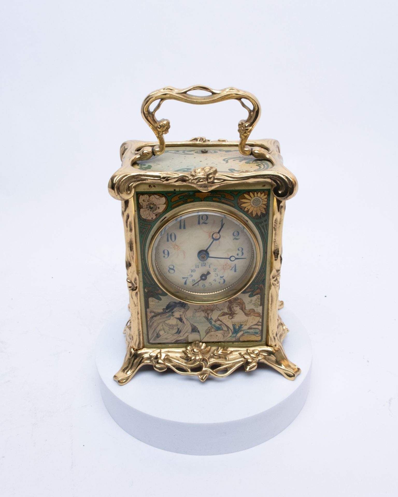 Wecker, Art Nouveau, Frankreich, um 1900, farbig bedrucktes Eisenblech, feuervergoldetes Messing un