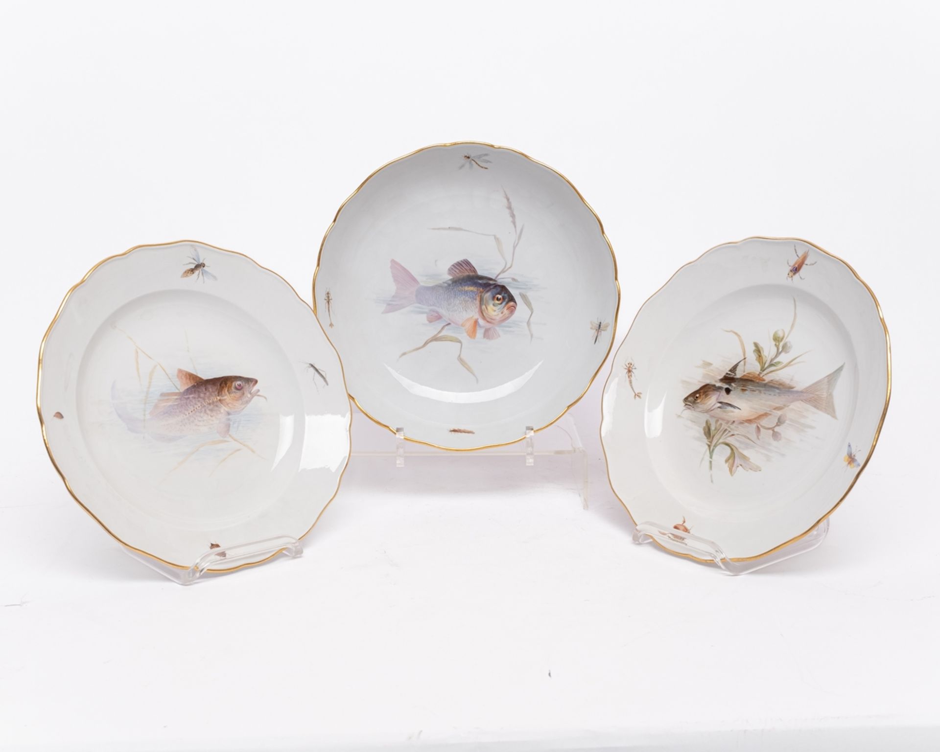 Fischservice, 16-tlg., Meissen, Schwertermarke, 1850-1924, 1. Wahl, Fischmalerei, bunt, Goldrand: 1 - Bild 9 aus 11