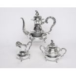 Kaffeekanne, Sahnegießer, Zuckerdose, Silber 925, Otto Wolter, gebauchte Gefäße mit abgesetzter Sch
