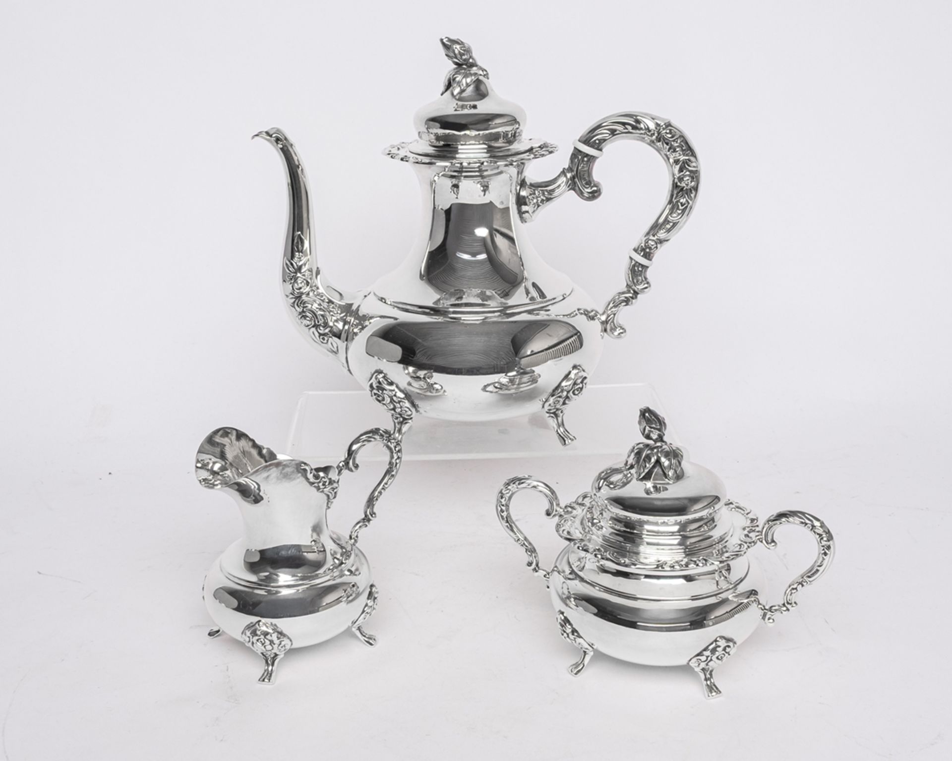 Kaffeekanne, Sahnegießer, Zuckerdose, Silber 925, Otto Wolter, gebauchte Gefäße mit abgesetzter Sch
